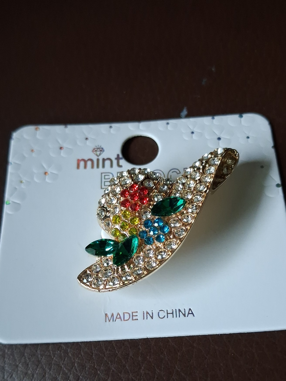 Mint Gold-Tone Multicolor Crystal Floral Brooch with Green Leaves
